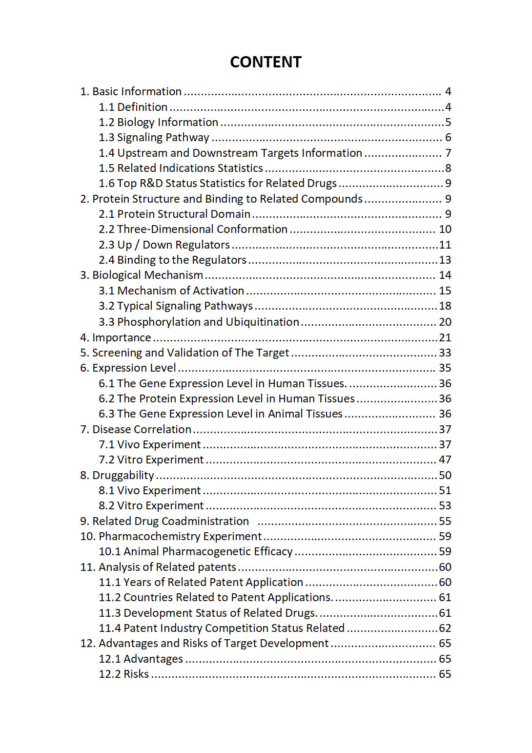 Content of Review Report on TEN1 Target / Biomarker